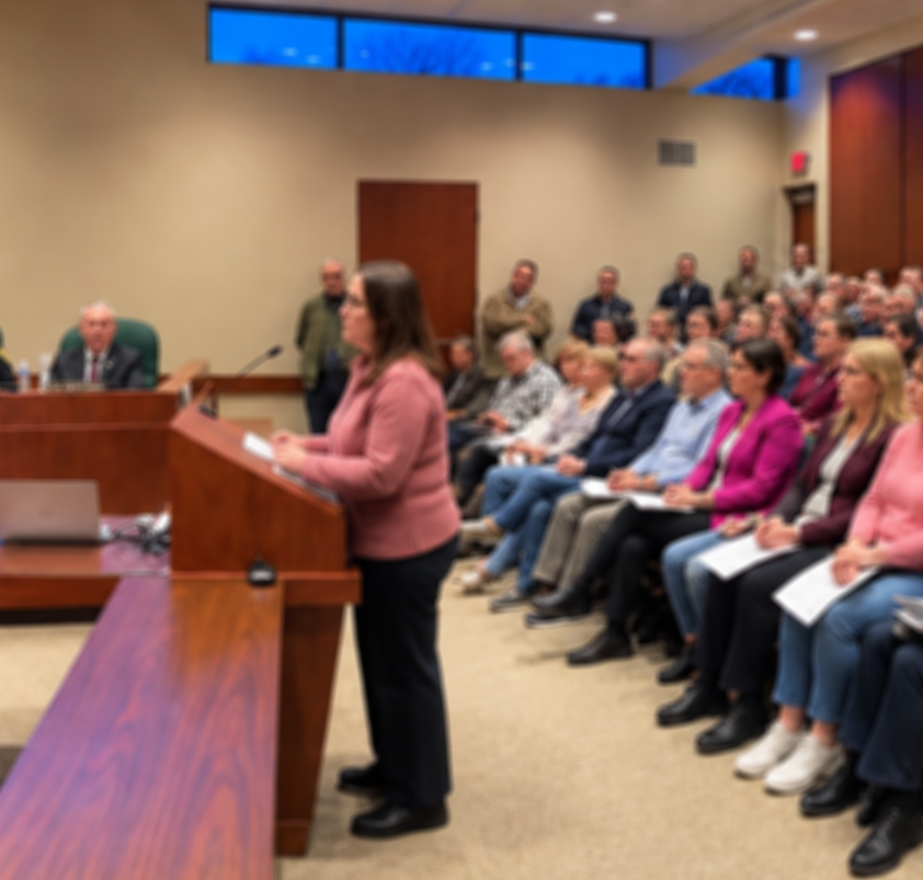 A Sylvania resident speaking at a public meeting with community members seated in the audience