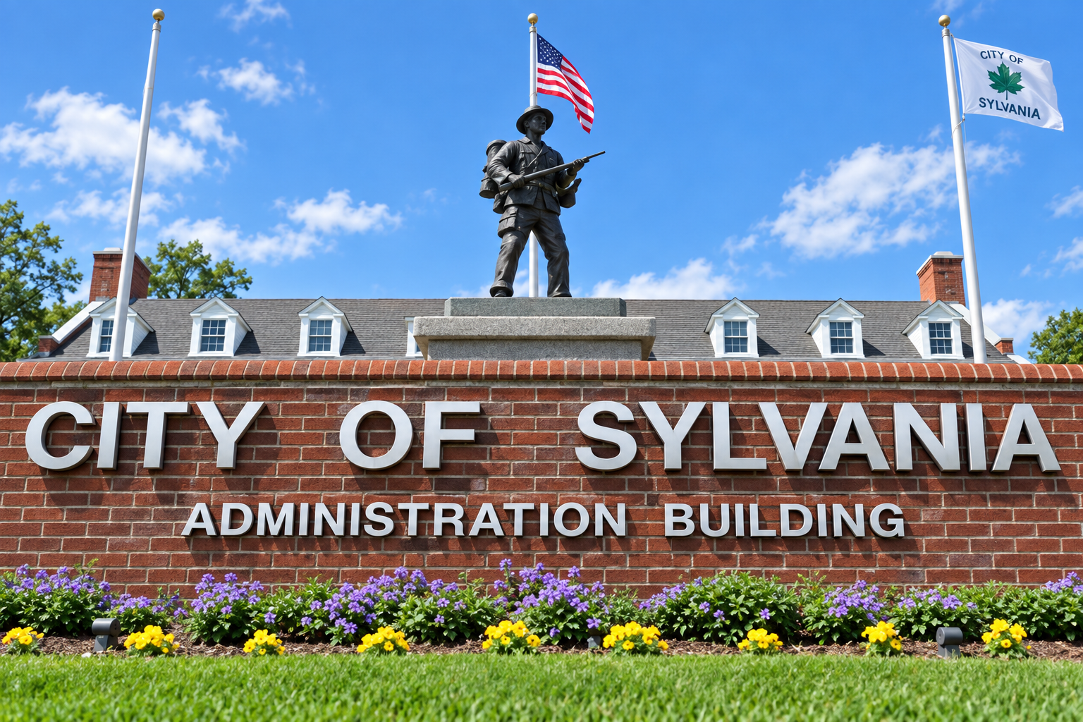 City of Sylvania Administration Building sign and memorial statue
